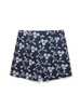 Damen Shorts Sommer Blumenstickerei Dunkelblau Damen Schleife Falten