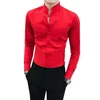 Masculino casual camisa vermelha manga longa simples social com decote em v camisas masculino fino ajuste gola noite clube smoking senhores men's227f