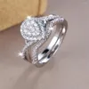 Anéis de casamento branco zircão anel de noivado conjunto de luxo cristal gota de água para mulheres na moda cor prata nupcial birthstone jóias