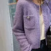 Malhas femininas roxo camisola de malha cardigan jaqueta feminina vintage outono inverno coreano o pescoço brilhante seda curto casaco elegante moda