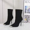 Designer Black Elastic Cloth High Heel Ankle Boots with Pointed Square Sleeve Outsole Boots for Women's Sizes 35-42