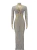 Stage Wear Nude V-Neck Shining Rhinestones Sexy Hollow Out Long Dress For Women Evening Party Clothing Perform Costume Birthday