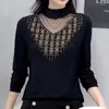 Women's T Shirts 2023 Spring Autumn Solid Color Fashion Stand Collar Long Sleeve T-shirt Women Casual Vintage Elegant Lace Patchwork