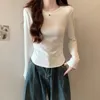 Women's T Shirts Wholesale Cotton Base Slim Women Autumn Top High Strech Side Folds Long Sleeve Basic Skinny Solid Whte Gray Shirt