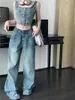 Dames tweedelige broek meisje puur sexy vintage denim pak zomer kort hemdje hoge taille wijde pijpen 2-delige set mode vrouwelijke kleding