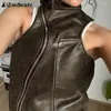 Kvinnors tankar Suchcute Leather Gothic Punk Brown Tank Top Women Sleeveless Zip Up Turtleneck Emo Grunge Vintage Summer Crop Slim Vest 2023