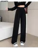 Kvinnors byxor Kvinnor Autumn Elegant Office Wide Leg Solid Button Hög midja estetisk lyx Long Black Grey Trousers Kvinna