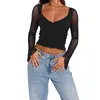 Damen T-Shirts Damen Slim Fit Ausgehen Crop Tops Casual Patchwork Rundhals Langarm Enges T-Shirt Basic Streetwear