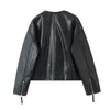 Kvinnors jackor 2023 Kvinnor Pure Black Leather Jacket Långärmrock Autumn/Winter Fashion High Street mångsidiga toppar