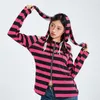 Women's Hoodies Y2K Stripe Print Hoodie Pullover Sweatshirts Cold Shoulder Long Sleeve Zipper Up Sweatshirt Slim Coat With Ear