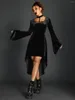 Robes décontractées Goth Dark Velvet Mall Gothic Automne Halter Mini Grunge Flare Manches courtes et dos Long Partywear Femmes Slim Aline Robe