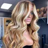 180density Full Highlight Blonde Wig Human Hair Ombre Brown Full Lace Front Wigs Malaysian Remy Short Lace Frontal Wig for Women Natural Hairline with Baby Hairs