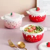 Bols Kawaii fraise Ramen bol avec couvercle céramique mignon gros fruits nouilles instantanées salade soupe maison cuisine vaisselle 700 ml 231011