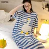 Women's Sleepwear Cute Long Nightgown Summer Woman Milk Silk Kawaii Nightdress Stripe Animal Korean Pajamas Ins Round Collar Home Dress