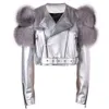 Womens Leather Faux YOLOAgain Autumn Natural Fur Sleeve Genuine Cropped Jacket Women Shiny Sliver Ladies 231010