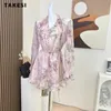 Casual Dresses 2023 Summer Vintage Long Sleeve Lace-up Floral Print V-neck Midi Women Elegant Chiffon A-Line High Waist Evening Dress