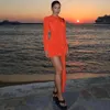 Casual Dresses Orange Long Sleeve Mini For Women Sexig O -Neck Ruched BodyCon Party 2023 LACE -UP Evening Club Outfits