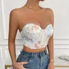 Damen-Tanks, sexy Crop-Top, weiße Farbe, Blumenmuster, modisches Mädchen, rückenfreies Design, bestickt, Stahlring, Fischgräten-Brustkorsett