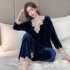 Women's Sleepwear V-neck 2pcs Women Lace Velour Pajamas Set Spring Sleep Sets Female Shirt&pants Home Wear Long Sleeve Pyjamas Suit