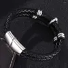 Charm Bracelets Trendy Men Jewelry Punk Black Braided Leather Bracelet Stainless Steel Buddha Male Magnetic Clasp Bangle FR0329