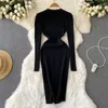 Casual Dresses Women Black Knitted Bodycon Dress Korean Fashion Chain V Neck Long Sleeve Slim Stretch Autumn Winter Warm Pullover Sweater