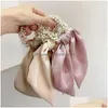 Hårtillbehör Fashion Satin Silk Ribbon Scrunchies Hair Ties Elegant Pearl Women Elastic Bands Ponytail Girls Accessories Hair Prod DH5K0