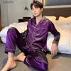 Pijamas masculinos novos conjuntos de pijama de seda cetim para homem camisa de manga longa pijama moda macio casa noite wear tamanho grande loungewearl231011