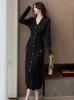 Casual Kleider Vintage Koreanische Weiß Elegante Taste Lange Für Frauen Schwarz Party Hülse V-ausschnitt Strick Kleid Mode Damen Herbst 2023