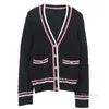 Women's Knits White Cardigan With Contrast Stripe Trim Women 2023 Pink Sweater Jacket V-neck Single-breasted Fashion Knitted