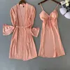 Kvinnors sömnkläder 2st Pajamas Set Women V-Neck 2023 Lace Kimono Sexig Nightshirts Flower Nightwear Robe Gown Sleep Sleep Sleep