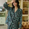 Casa roupas femininas conjunto de pijamas de seda leopardo impresso solto manga longa 2 peça loungewear para roupas femininas pode ser usado fora ternos