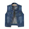 Gilets pour femmes boutonné lavé Denim veste sans manches gilet court couleur unie revers bouton poche dames manteaux Style haut