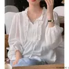 Kvinnors blusar s kvinnor söta söta snörning båge tips tops korea japansk preppy stil temperament vintage ruffles grundskjortor blus 2500