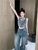 Dames tweedelige broek meisje puur sexy vintage denim pak zomer kort hemdje hoge taille wijde pijpen 2-delige set mode vrouwelijke kleding