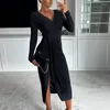 Casual Dresses Elegant Ladies Cocktail Party Dress Autumn Winter V Neck Long Sleeve Slim Waist Sexy Solid Color Pleated Split