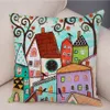 Cuscino decorativo 45x45 cm Retro città di colore rurale Fodera per cuscino per divano Home Car Decor Colorato Cartoon House Case Tree Federa 231011