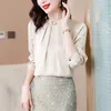 Vintage Beige Satin Blus Women Designer Stand Collar Ruched Casual Work Bluses Plus Size 2023 Office Ladies Autumn Winter Long Sleeve Elegant Runway Silk Tops