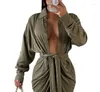 Lässige Kleider Langarm Plissee Kleid Damen Hemd Strickjacke Schnürung 2023 Grüner Knopf Design Sexy Unregelmäßig