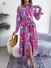 Casual jurken Elegante dames print maxi-jurk met lange mouwen Vetersluiting A-lijn Kleding Herfst Winter Kantoor Dame Bloemen