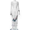 Casual Dresses Tassel Flare Long Sleeve Maxi For Women 2023 Autumn Fashion Abstract Print Flowy Dress Sexy Clubwear