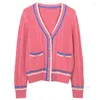 Women's Knits White Cardigan With Contrast Stripe Trim Women 2023 Pink Sweater Jacket V-neck Single-breasted Fashion Knitted