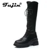 Bottes Fujin 6cm en cuir véritable plate-forme synthétique compensée britannique genou haut mi-mollet zip dames hiver femmes chaussures chaudes en peluche