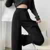 Kvinnors byxor Kvinnor Autumn Elegant Office Wide Leg Solid Button Hög midja estetisk lyx Long Black Grey Trousers Kvinna