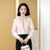 2023 Designer Women Button Up Shirt Long Sleeve Lapel Runway Blue Satin Blouse Autumn Winter Silk Lapel Classic Formal Shirts Office Ladies Runway Tops Plus Size