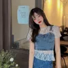 Tanks pour femmes Y2K Vintage Sweet Denim 2 pièces Ensemble Tops Femmes Coquette Esthétique Slim Dentelle T-shirts Style Coréen Fairycore Solid Top