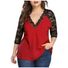 T-shirt grande taille pour femmes Blouse en dentelle de grande taille femmes été automne décontracté à manches longues col en V dentelle Patchwork chemise dames hauts tunique Blouses Blusas 5XL 231011