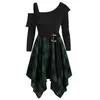 Casual Dresses Gothic Dress Plaid Mini Party Womne Plus Size Skew Neck Belted Handkerchief Goth Punk Vestidos254J