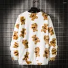 Kvinnors tröjor Hikigawa Casual Contrast Color Carton Bear Print Women O Neck Long Sleeve Pullovers Sweet All Match Jumpers