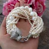 Bangle Handmade Leopard Head Micro Inlay Zircon Clasp 8 Strands Natural 5-6mm White Freshwater Pearl Armband 8inch