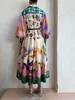 S Casual Vintage Femmes Robes Robe Française Motif Graphique Manches Longues Lanterne Bouton Revers Avant Midi Swing avec Ceinture Leeve Wing